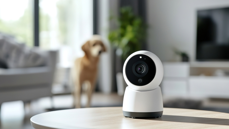 Indoor camera monitoring living space and pet dog