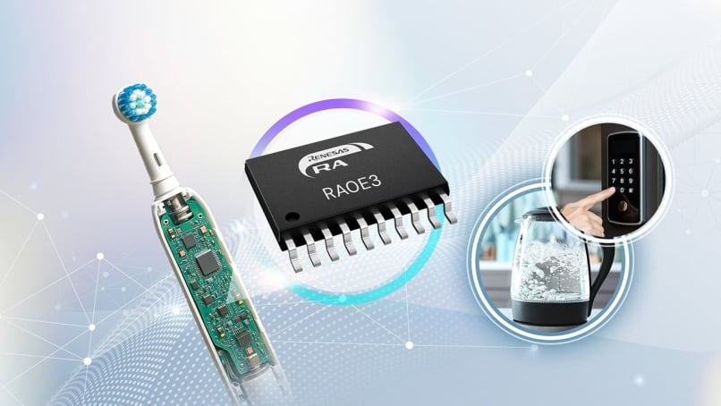 A Renesas RA0E3 microcontroller chip is shown in the center, surrounded by images of an electric toothbrush with exposed circuitry, a digital door lock, and an electric kettle, illustrating various smart device applications.