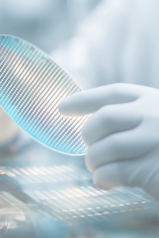 Technician holding semiconductor wafer in hand.