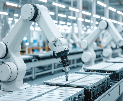 A modern factory floor with a row of white robotic arms working on a conveyor belt.