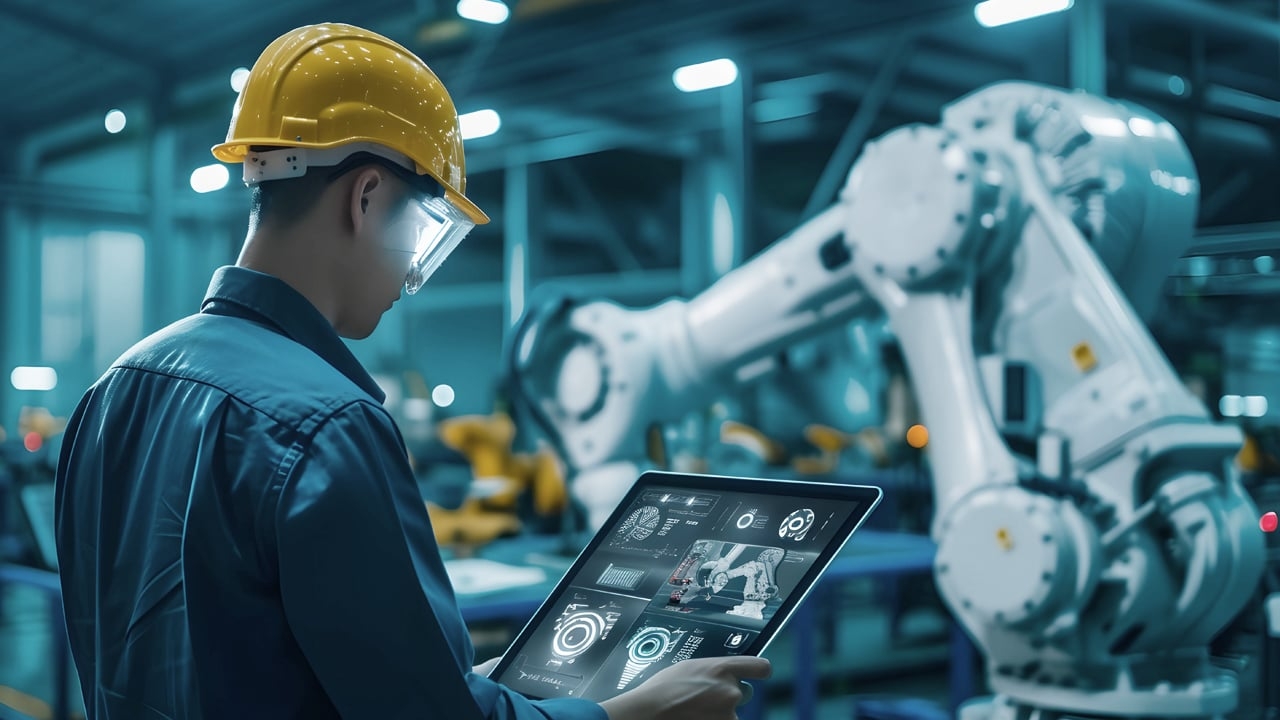 Factory Engineer Checks Robot Functional Safety Engineer in factory checks for functional safety of robotic arm on real time monitoring system.