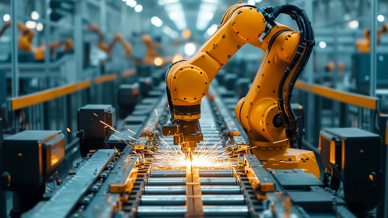 Manufacturing Robotic Welding Arm Robotic arm welding hi-tech parts in the factory