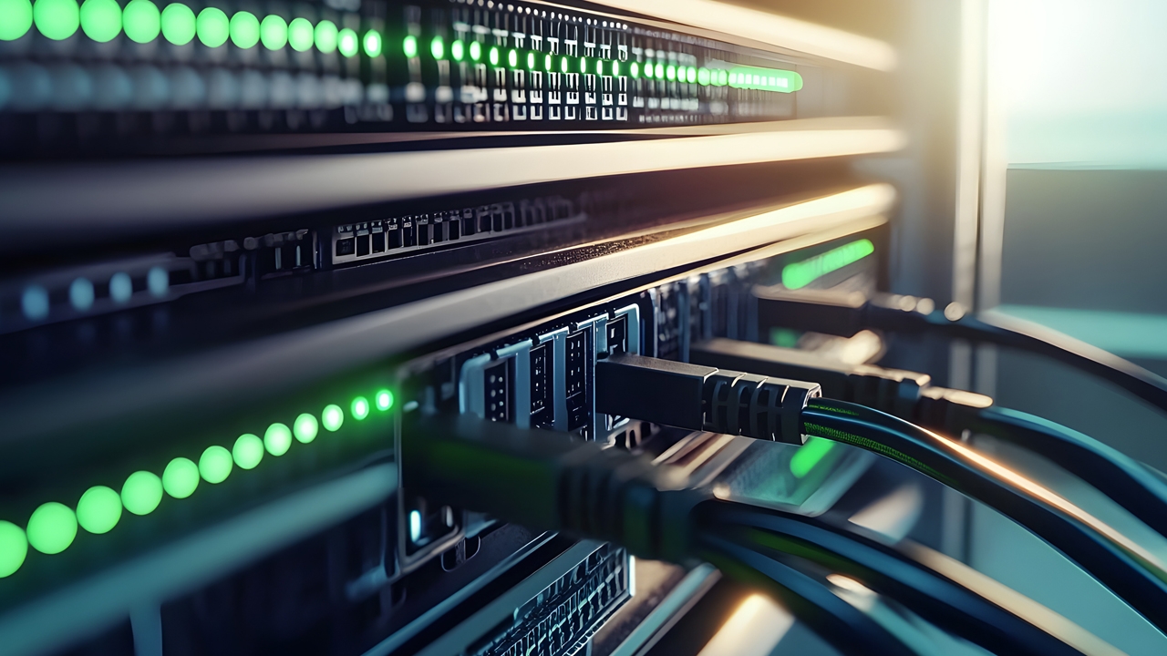 Network Switch Router with Multiple Ethernet Cables Network switch router with multiple ethernet cables plugged in, green LED lights glowing to indicate connectivity in a modern data center.
